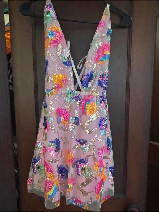 Azazie Dresses & Skirts - Floral Sequin Tiered Mini Dress - Pink Multicolor
